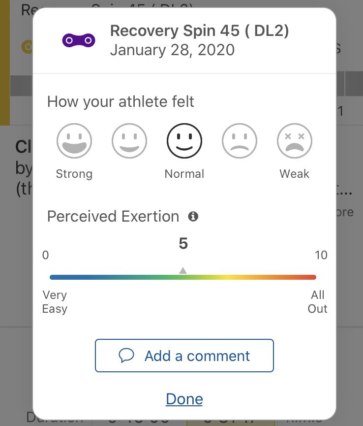 A screen showing a workout summary labeled "Recovery Spin 45 (DL2)" on January 28, 2020. The "How your athlete felt" section displays a 'Normal' face icon. The 'Perceived Exertion' is rated at 5 on a scale from 0 (Very Easy) to 10 (All Out). Options to add a comment and mark as done are available.