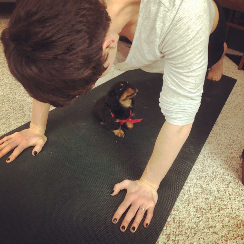 A person wearing a white shirt and black nail polish is doing a plank exercise on a yoga mat while looking down at a small black and brown dog sitting on the mat and looking up at the person.