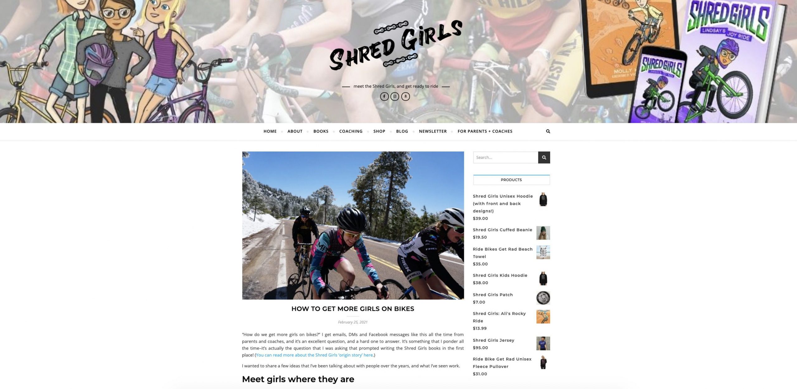 A blog article titled "How to Get More Girls on Bikes" is displayed on the Shred Girls website. The webpage includes a banner with an illustration of girls with bikes, a navigation menu, and an article accompanied by a cycling image and related merchandise on the sidebar.