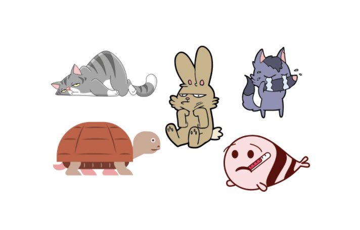 A group of five cartoon animals is shown: a sleeping gray cat, a sitting brown rabbit, a standing blue and white skunk, a walking brown tortoise, and a lying-down pink seal with a striped tail. All animals are drawn with simple, expressive designs.