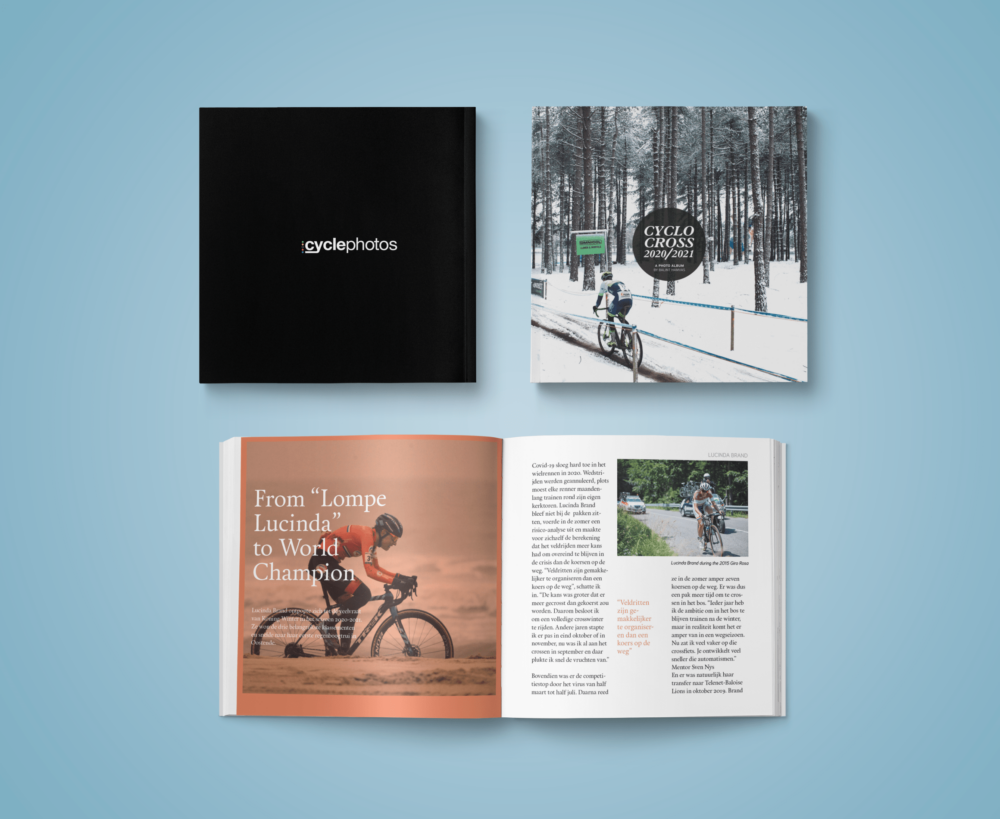 Image of two cycling photo books against a blue background. The top left book has a black cover with "cyclephotos" written on it. The top right book shows a snow-covered cycling scene. The opened book features an orange page with text and a cyclist in motion.