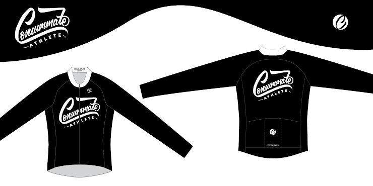 Black long-sleeve cycling jerseys with "Consummate Athlete" written on the front and back in white letters. The jersey has a full front zipper, a small logo on the upper left chest, and three pockets on the lower back.