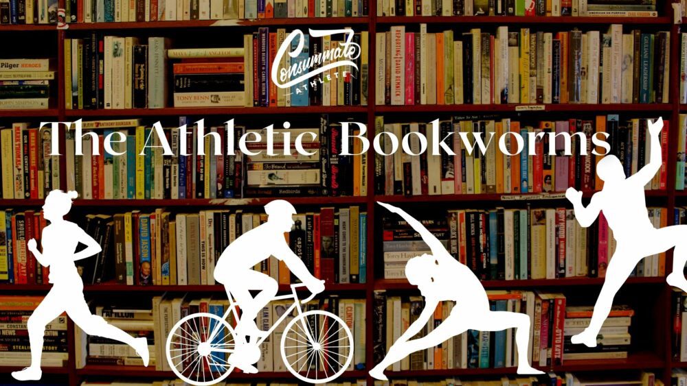 A bookshelf filled with various books serves as the background of the image. The text "The Athletic Bookworms" is displayed prominently. Silhouettes of people engaging in different athletic activities, including running, cycling, yoga, and stretching, are in the foreground.