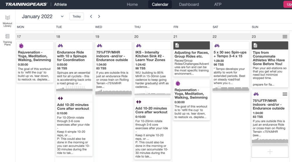 A screenshot of a calendar from the TrainingPeaks platform for an athlete in January 2022. The week runs from Monday to Sunday, showing various scheduled workouts, including yoga, meditation, cycling, running, and activity tips, with details specified for each day.