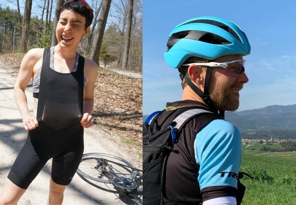 Two cyclists are enjoying time outdoors. The woman on the left is wearing a black cycling outfit and smiling with her eyes closed, surrounded by trees. The man on the right is wearing a blue helmet and cycling gear, standing on a grassy hill with mountains in the background.