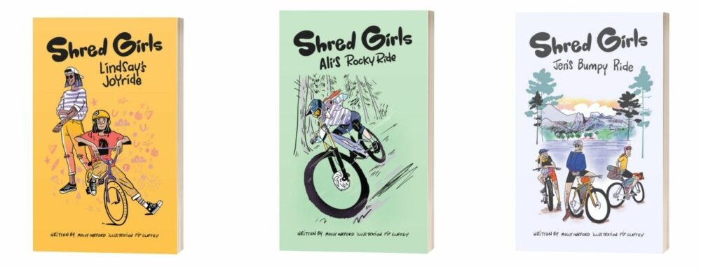 The image shows three book covers from the "Shred Girls" series. From left to right: "Lindsay's Joyride" with an orange background, "Ali's Rocky Ride" with a green background, and "Jen's Bumpy Ride" with a white background. All feature illustrations of girls cycling.