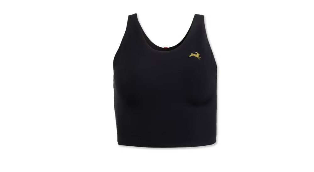 A black sleeveless crop top with a round neckline and a small gold logo of a bird on the upper left side. The fabric appears to be smooth with a fitted design. The background is white.