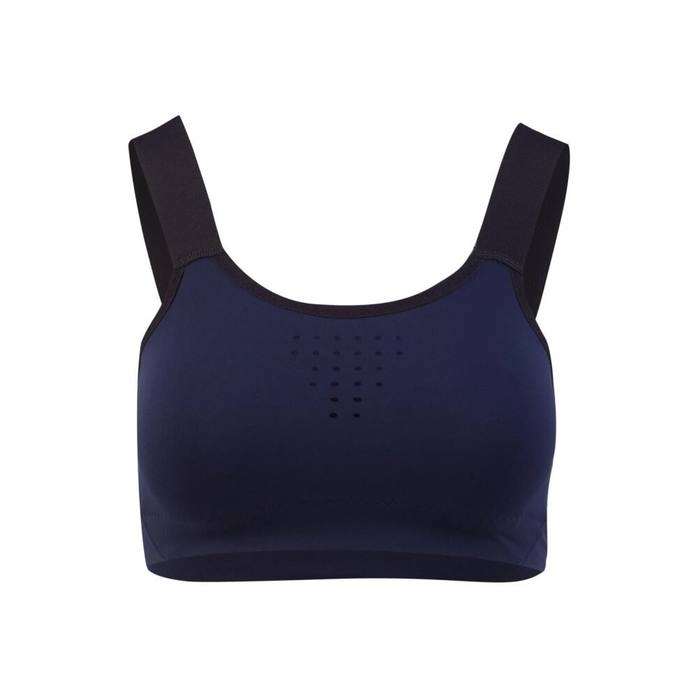 A navy blue sports bra with thick black straps and a perforated design on the front for breathability. The bra appears to be made from a smooth, stretchy material.