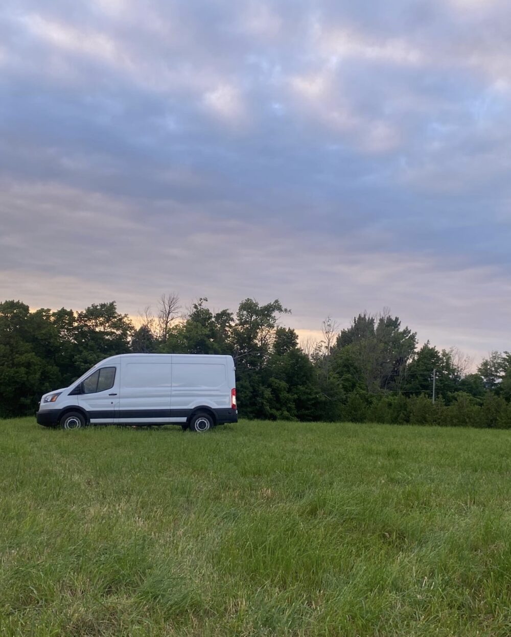 A white van is parked on a grassy field with a background of trees under a cloudy sky. The image captures the serene outdoor setting with the vehicle positioned to the left side of the frame.