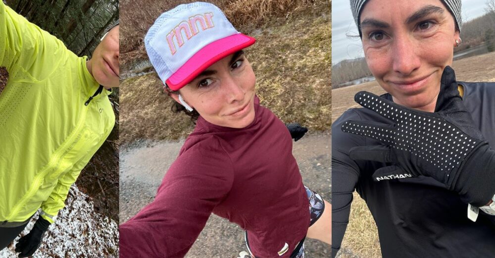 Three photos of a person dressed in running attire in outdoor settings. In the left image, they wear a yellow jacket and black gloves. In the middle image, they wear a red shirt and cap. In the right image, they wear a black top, black gloves, and a headband.