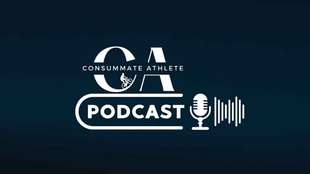 Logo for the "Consummate Athlete Podcast" featuring stylized letters, a microphone and sound waves graphic on a dark blue background.