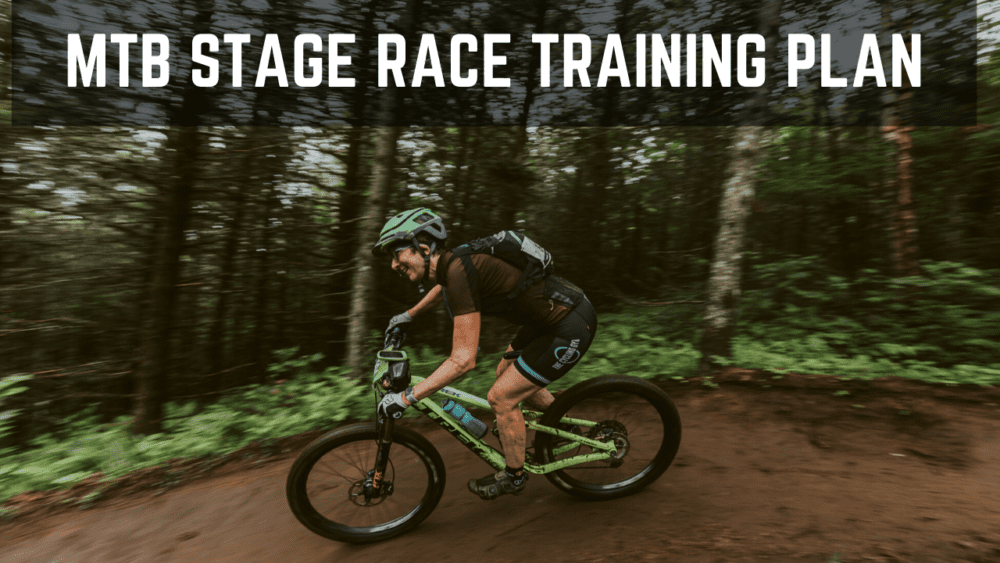 A cyclist wearing a helmet and sportswear is intensely riding a mountain bike on a forest trail, with the words "MTB Stage Race Training Plan" overlaid at the top.