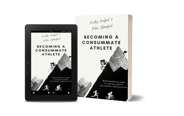 Image of a book titled "Becoming a Consummate Athlete" by Molly Hurford and Peter Glassford, alongside a tablet displaying the book's cover. The cover features illustrations of cyclists and runners on a mountainous landscape.