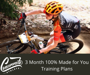 A focused cyclist in black and red gear, wearing a yellow helmet, rides a mountain bike on a dirt trail, with a promotional caption for "3 month 100% made for you training plans.