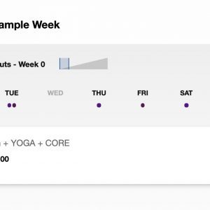 Screenshot of a digital training plan for a week, showing one highlighted activity for monday labeled "meditation + yoga + core" with a duration of 30 minutes, and navigational arrows on the sides.