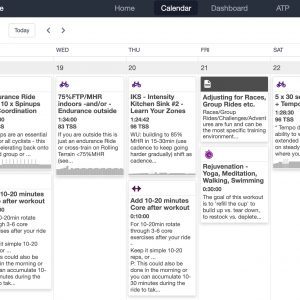 A screenshot of the trainingpeaks calendar interface shows a month view with scheduled workout activities, notes, and performance metrics for each day, in a purple and white color scheme.