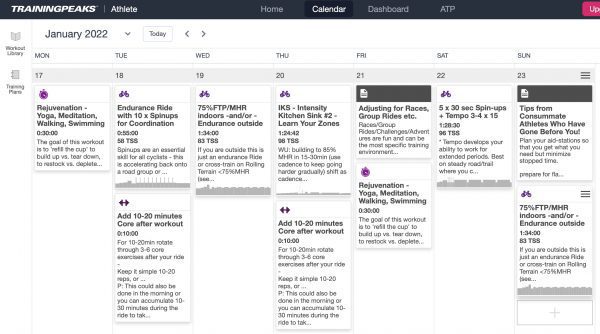 A screenshot of the trainingpeaks calendar interface shows a month view with scheduled workout activities, notes, and performance metrics for each day, in a purple and white color scheme.