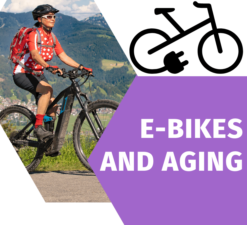 An older man biking outdoors with mountainous terrain in the background, next to a graphic of an e-bike symbol and text "e-bikes and aging" on a split green and purple background.
