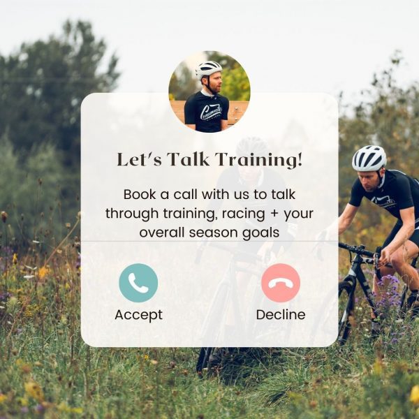 An advertisement featuring two cyclists riding through a field, with an overlay of a dialog box offering a call to discuss training and racing, with "accept" and "decline" buttons.