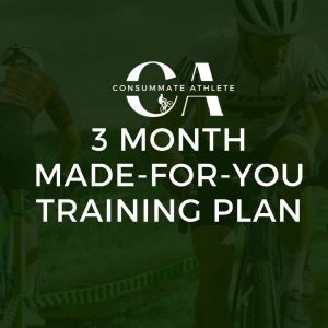Two cyclists, partially visible, ride on a grassy course. Overlaid text reads: "Consummate Athlete. 3 Month Made-For-You Training Plan." The logo features a stylized "CA." The image background is dark green.