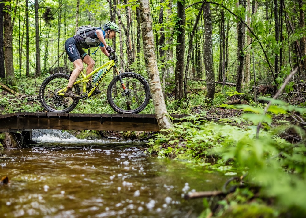A cyclist rides a yellow mountain bike over a small wooden bridge crossing a stream in a dense, green forest. The cyclist is wearing a helmet and biking attire, and the scene is filled with lush vegetation and trees.