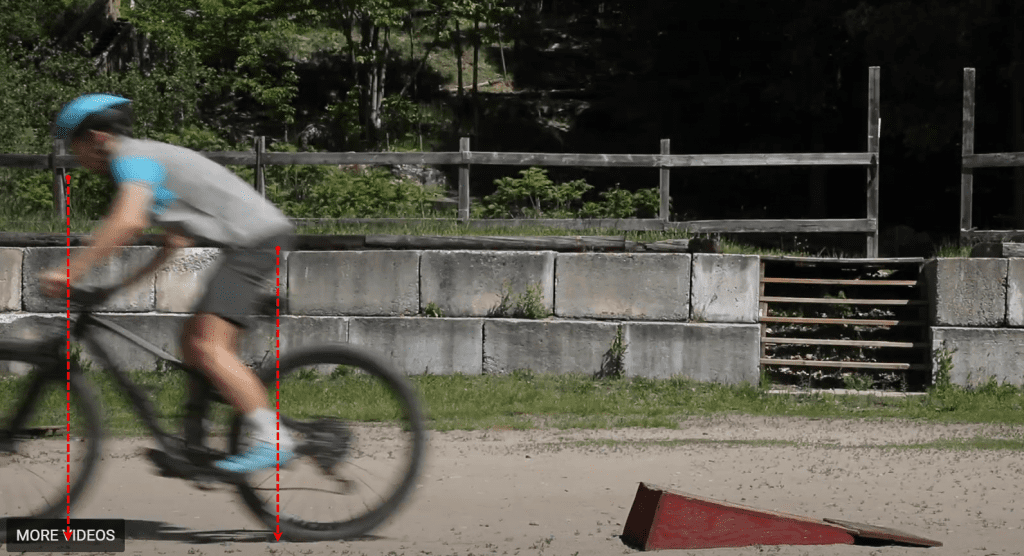 This photo shows a cyclist landing centered off a jump. Two lines indicate that the nose is approximately over the stem and the hips are approximately over the saddle. The rider is centered to absorb the landing forces and be ready for the next obstacle. 