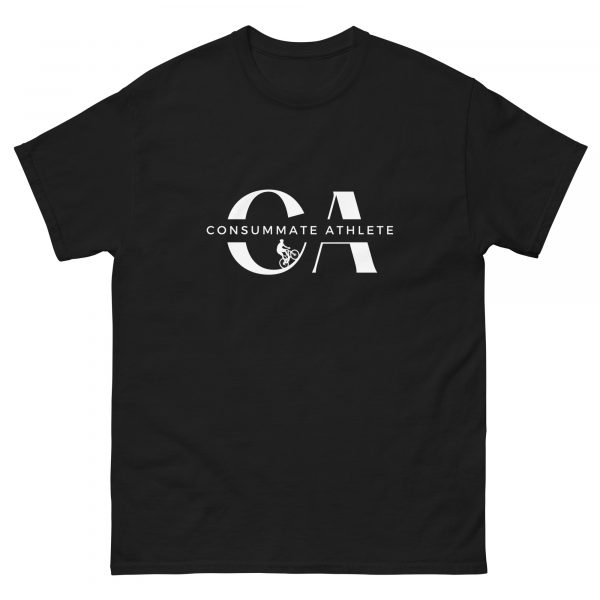 A black T-shirt featuring the text "Consummate Athlete" in white, with the initials "CA" prominently displayed. The design also includes a small, stylized logo of a cyclist within the "C" of "CA.