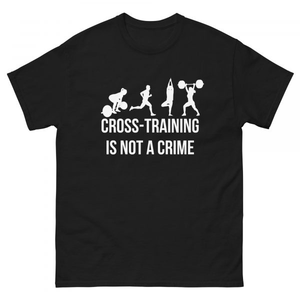 A black T-shirt featuring white silhouettes of various fitness activities (lifting, running, kayaking, weightlifting) above the text "CROSS-TRAINING IS NOT A CRIME" in bold white letters.