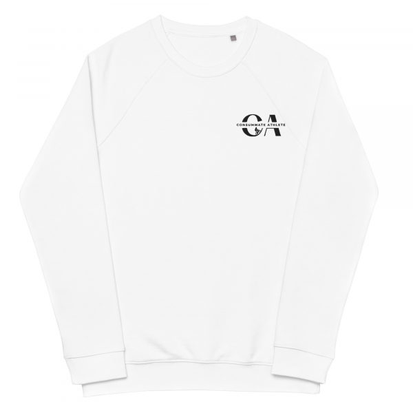 A plain white sweatshirt featuring the "Consummate Athlete" logo in black. The logo is positioned on the upper left side of the chest and consists of the initials "CA" with the text "Consummate Athlete" underneath. The sweatshirt has a crew neck and long sleeves.